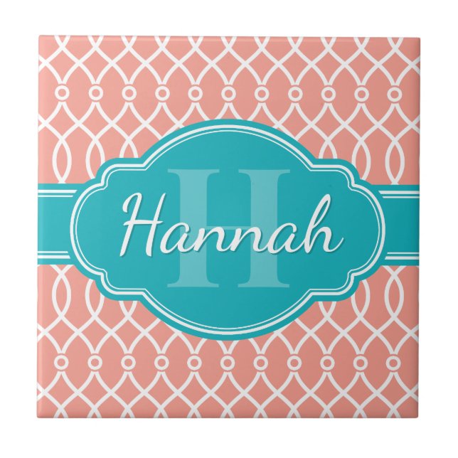 Pink White Elegant Lattice Pattern Teal Monogram Tile (Front)