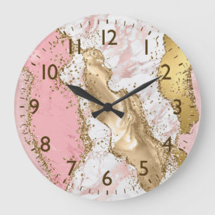 Pink & White & Faux Gold Glitter Agate Monogram Large Clock