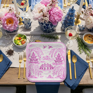 Pink white faux porcelain chinoiserie willow paper plate