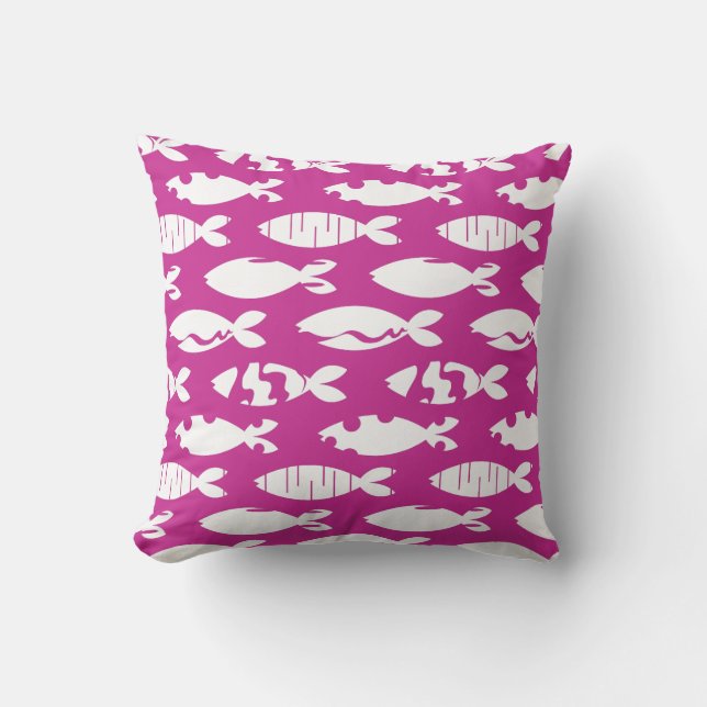 Pink White Fish Pattern Throw Pillow (Front)
