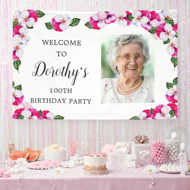 Pink White Floral 100th Birthday Welcome Banner (Party)