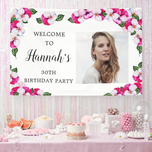 Pink White Floral 30th Birthday Welcome Banner (Party)