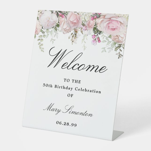 Pink White Floral 50th Birthday Party Welcome Pedestal Sign (Front)