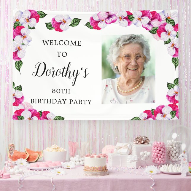 Pink White Floral 80th Birthday Welcome Banner (Party)