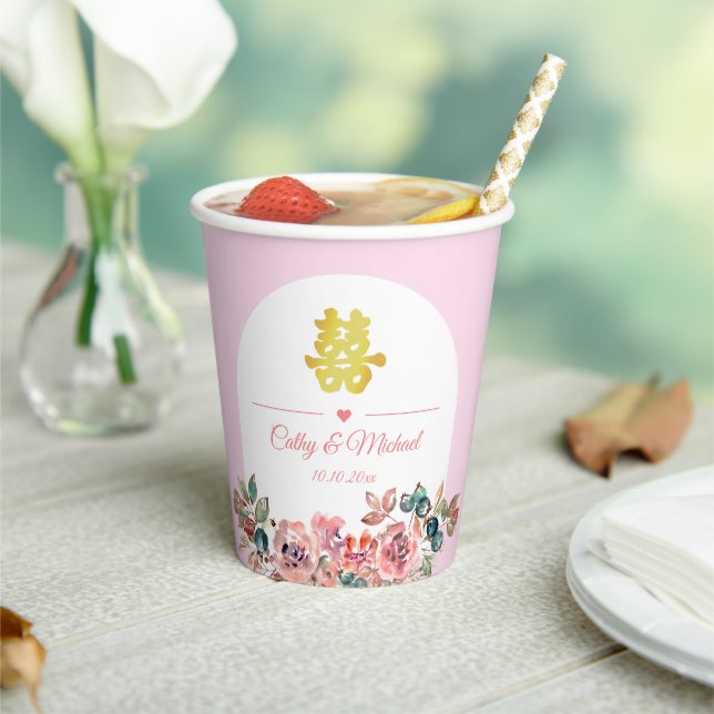 Pink white floral arch Chinese wedding Paper Cups (Insitu)