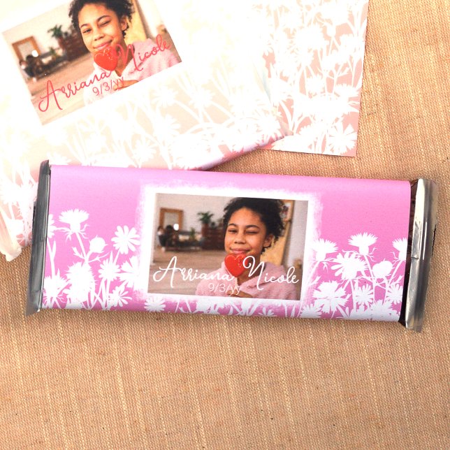 Pink White Floral Bat Mitzvah Candy Bar Wrapper (personalized pink chocolate candy bar wrappers labels for girls birthday party favor bat mitzvah )