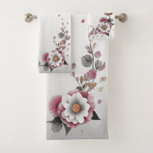Pink White Floral Bath Towel Set