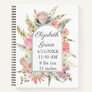 Pink White Floral Birth Stats Personalized Baby Notebook