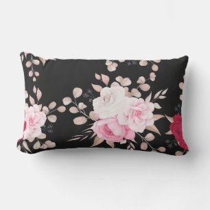 pink,white floral black-ground lumbar pillow