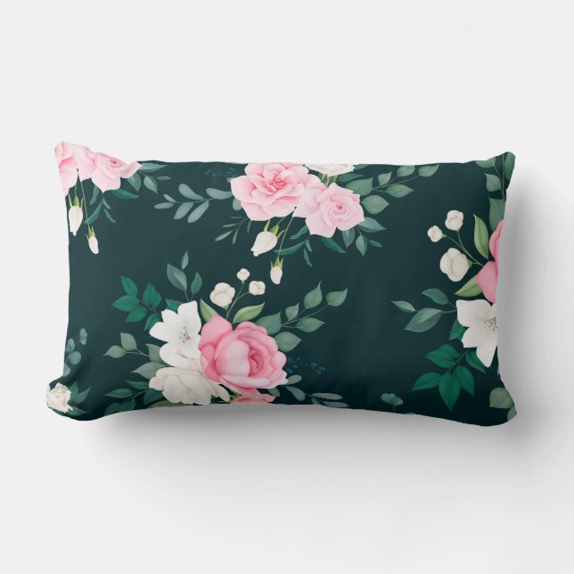 pink,white floral black-ground lumbar pillow (Front)