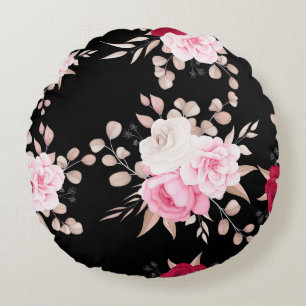 pink,white floral black-ground round pillow