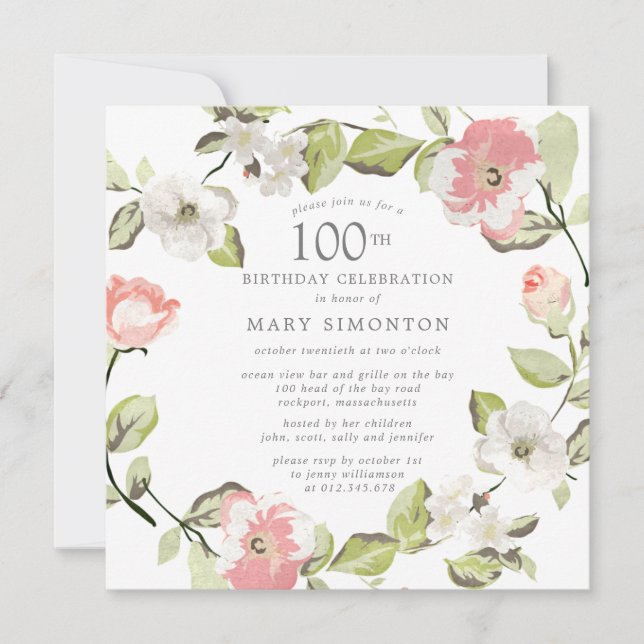 Pink White Floral Botanical 100th Birthday Party Invitation (Front)