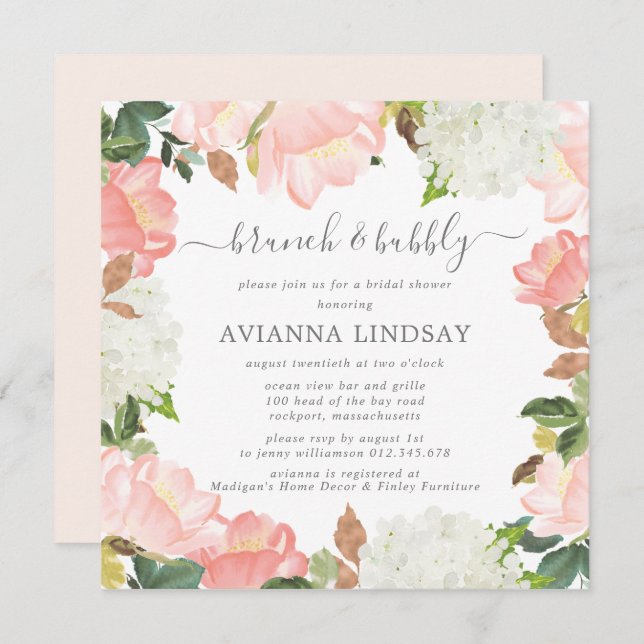 Pink White Floral Botanical Brunch and Bubbly  Invitation (Front/Back)