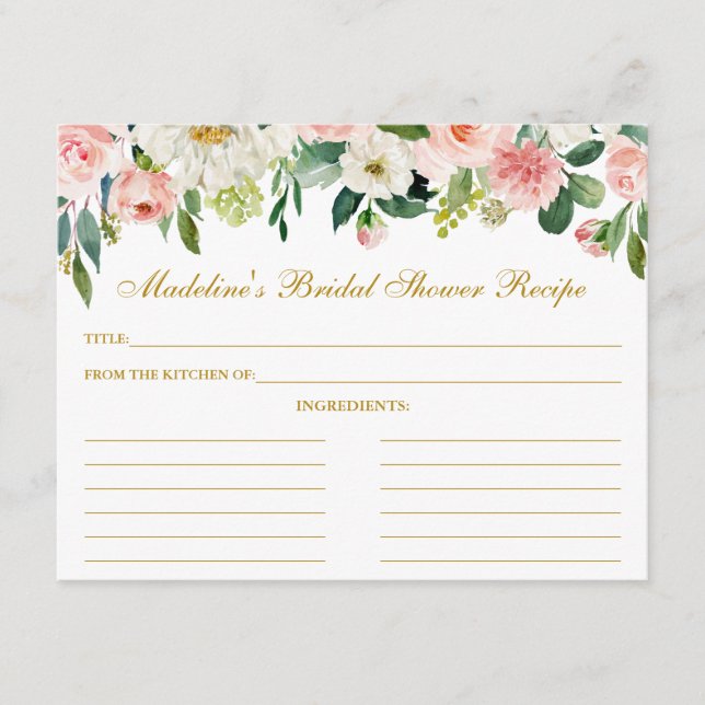 Pink White Floral Bridal Shower Gold Recipe Card (Front)