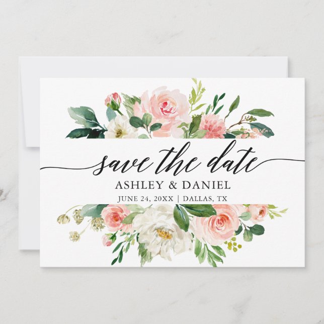 Pink White Floral Calligraphy Save The Date Card (Front)