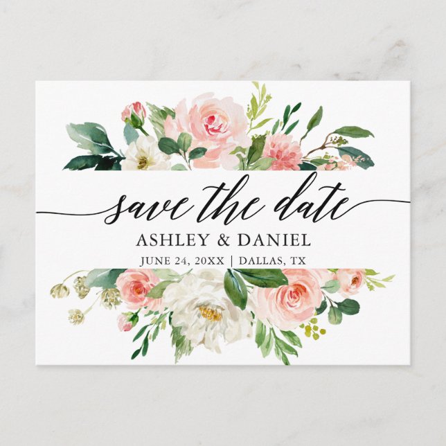 Pink White Floral Calligraphy Save The Date Postcard (Front)
