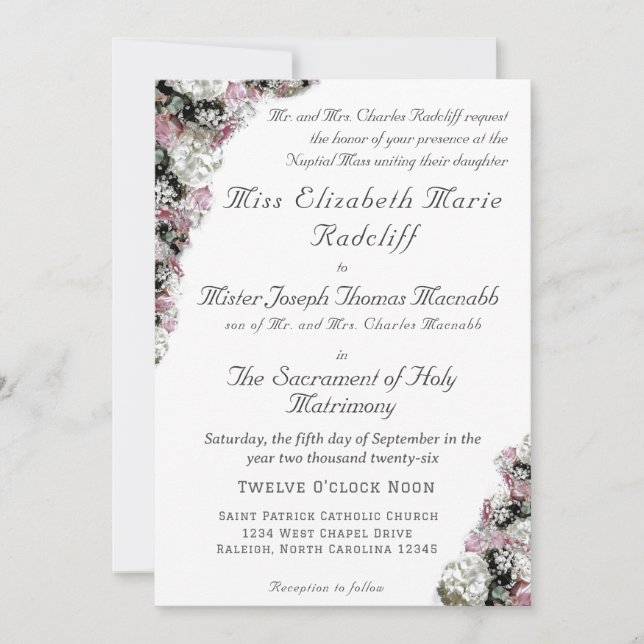 Pink & White Floral Catholic Wedding Invitation (Front)