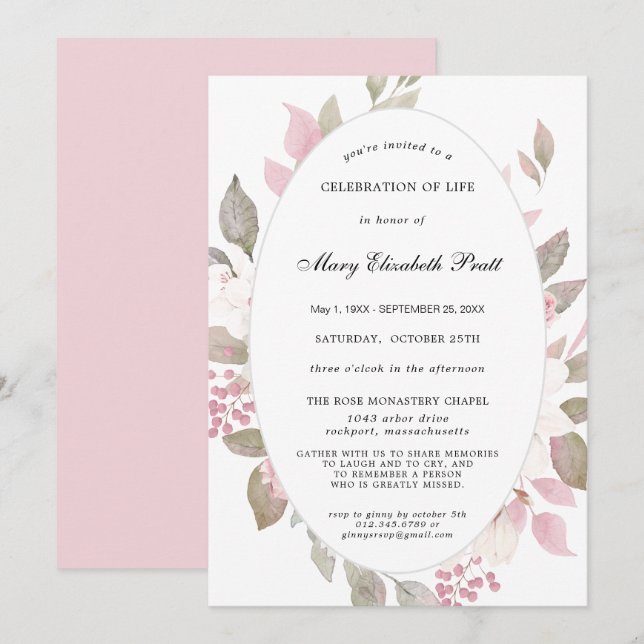 Pink White Floral Celebration of Life Invitation (Front/Back)