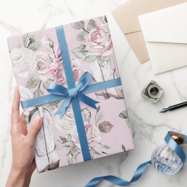 Pink White Floral Cowgirl Boots Birthday Wrapping Paper (Gifting)