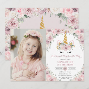 Pink White Floral Cute Unicorn 1st Birthday Photo Invitation