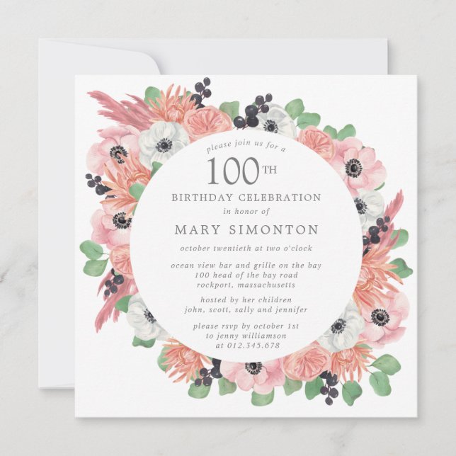 Pink White Floral Eucalyptus 100th Birthday Party Invitation (Front)