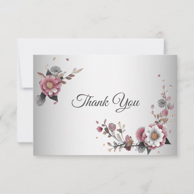 Pink White Floral Flat Thank You Card (Front)