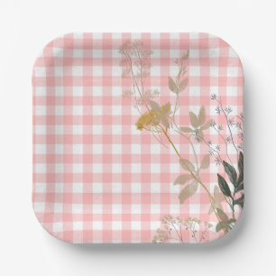 Pink White Floral Gingham Plaid Country Farmhouse Paper Plate