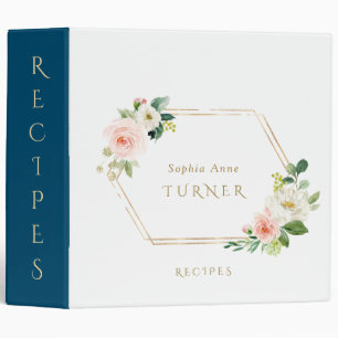 Pink White Floral Gold Frame Monogram Recipes Binder