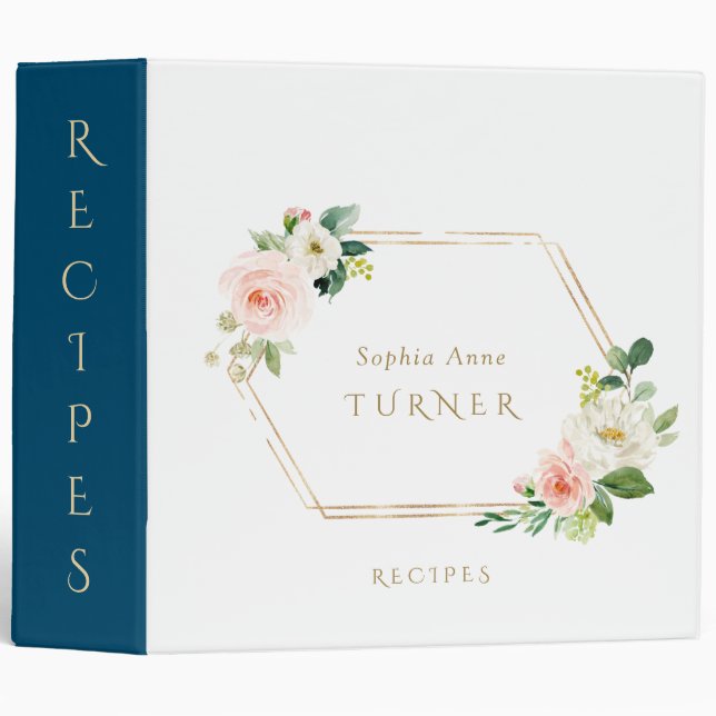 Pink White Floral Gold Frame Monogram Recipes Binder (Front/Spine)