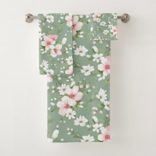 Pink White Floral Green Background Cottage Core Bath Towel Set
