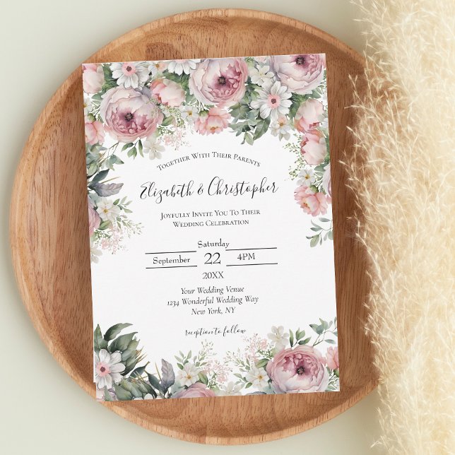 Pink White Floral Greenery Peonies Modern Wedding Invitation (Creator Uploaded)