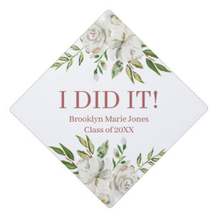 Pink White Floral I Did It Graduation Cap Topper