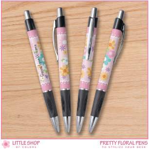 Pink White Floral Monogram Pen