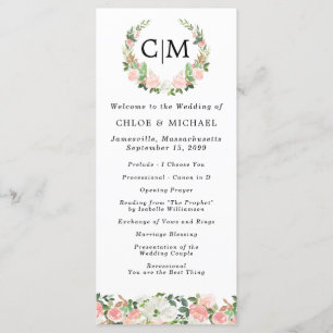 Pink White Floral Monogram Wreath Wedding Program