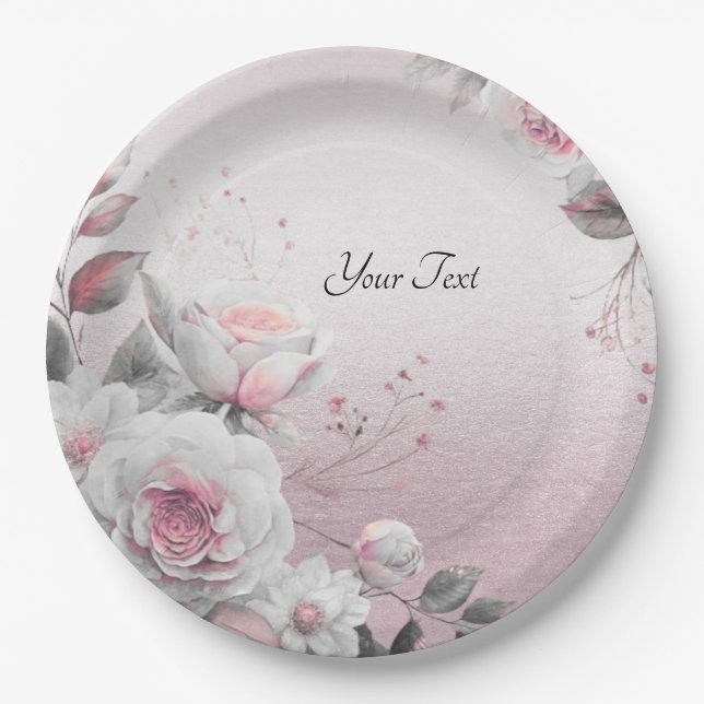 Pink White Floral Paper Plate (Front)