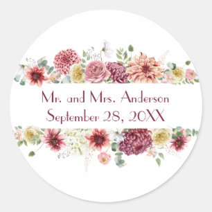 Pink White Floral Personalized Names Wedding Date Classic Round Sticker