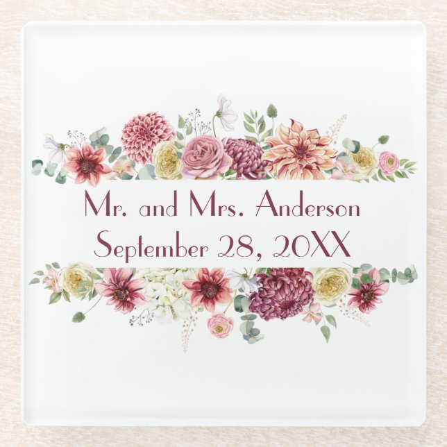 Pink White Floral Personalized Names Wedding Date Glass Coaster (Front)