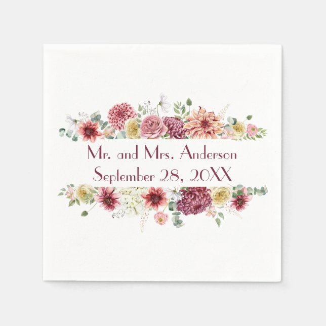 Pink White Floral Personalized Names Wedding Date  Napkin (Front)