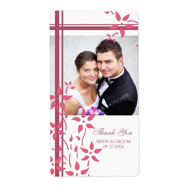 Pink White Floral Photo Wedding Labels (Front)