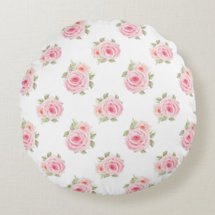 Pink White Floral Polkadots Round Pillow