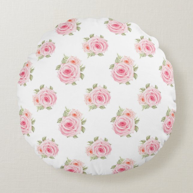 Pink White Floral Polkadots Round Pillow (Front)
