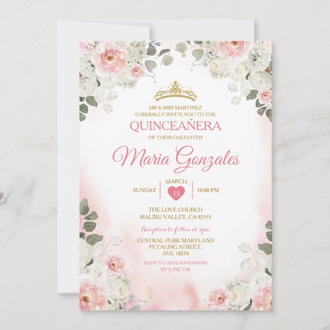 Pink & White Floral Quinceañera Gold Crown Mexican Invitation (Front)