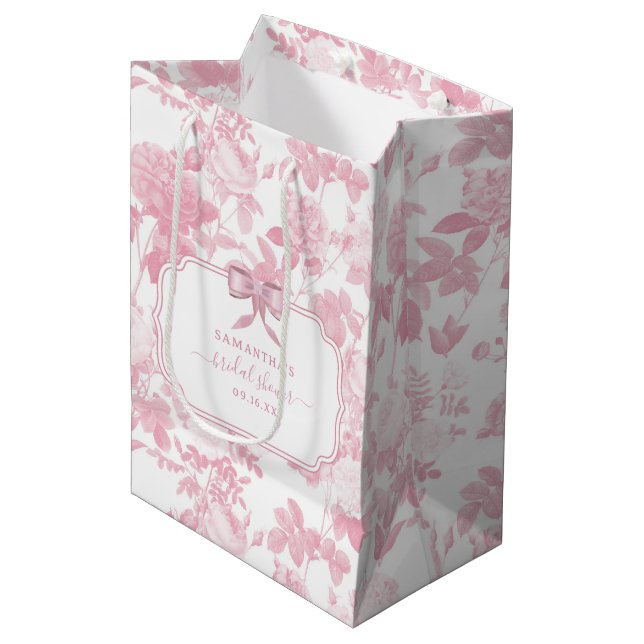 Pink White Floral Roses Chinoiserie Bridal Shower Medium Gift Bag (Front Angled)