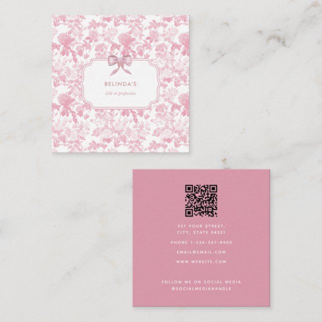 Pink White Floral Roses Chinoiserie Event Planner Square Business Card (Front/Back)