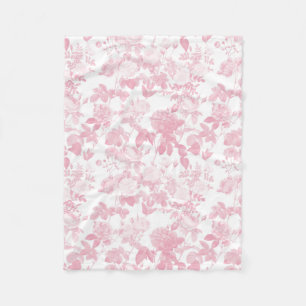 Pink White Floral Roses Chinoiserie Pattern Fleece Blanket