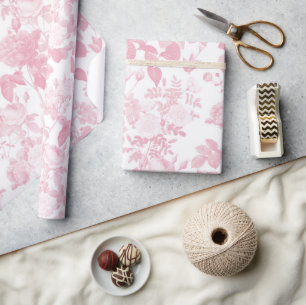 Pink White Floral Roses Chinoiserie Pattern Wrapping Paper