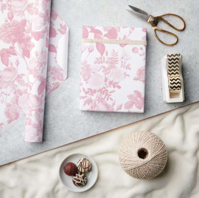 Pink White Floral Roses Chinoiserie Pattern Wrapping Paper (Crafts)
