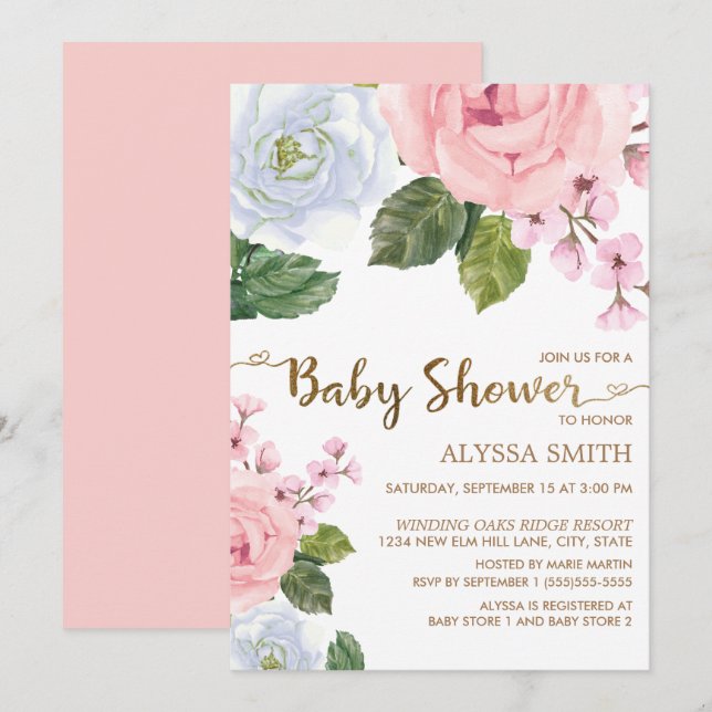 Pink White Floral Roses Elegant Script Baby Shower Invitation (Front/Back)