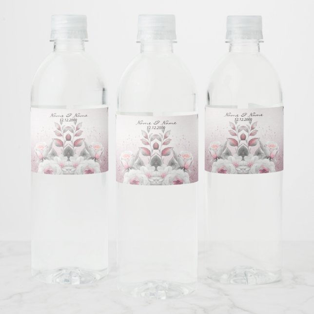 Pink White Floral Water Bottle Label (Bottles)