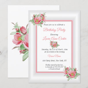 Pink White Floral Watercolor Birthday Party Invitation